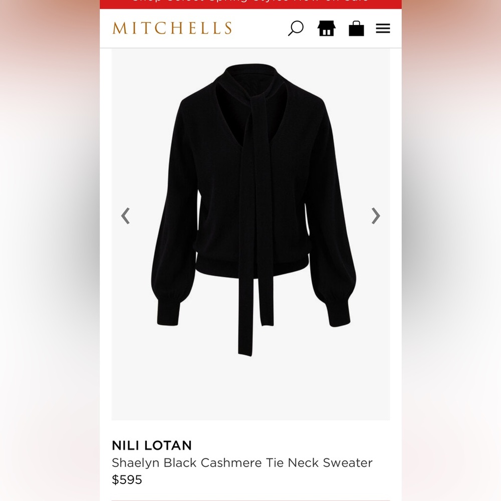 Nili Lotan Shealyn Black Cashmere Tie Neck Sweater. Size S. NWT